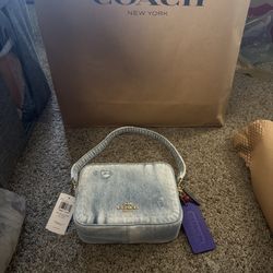 Coach Mini Carey Crossbody Bag In Loved Denim With Charms