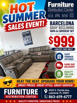 Limited time sale. Barcelona, gray reclining sofa and loveseat set only $999. Easy finance option. Same-day delivery.