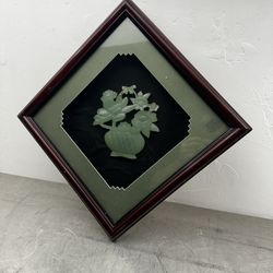Chinese Framed Jade Jadeite Floral Pot Plaque Carving Wall Hanging 