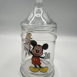 Vintage Disney Glass Candy Jar with Lid Mickey & Minnie Mouse 6"