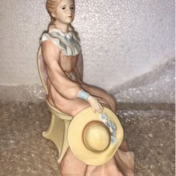 VINTAGE HOMCO PORCELAIN BISQUE “LADY SITTING IN CHAIR” FIGURINE