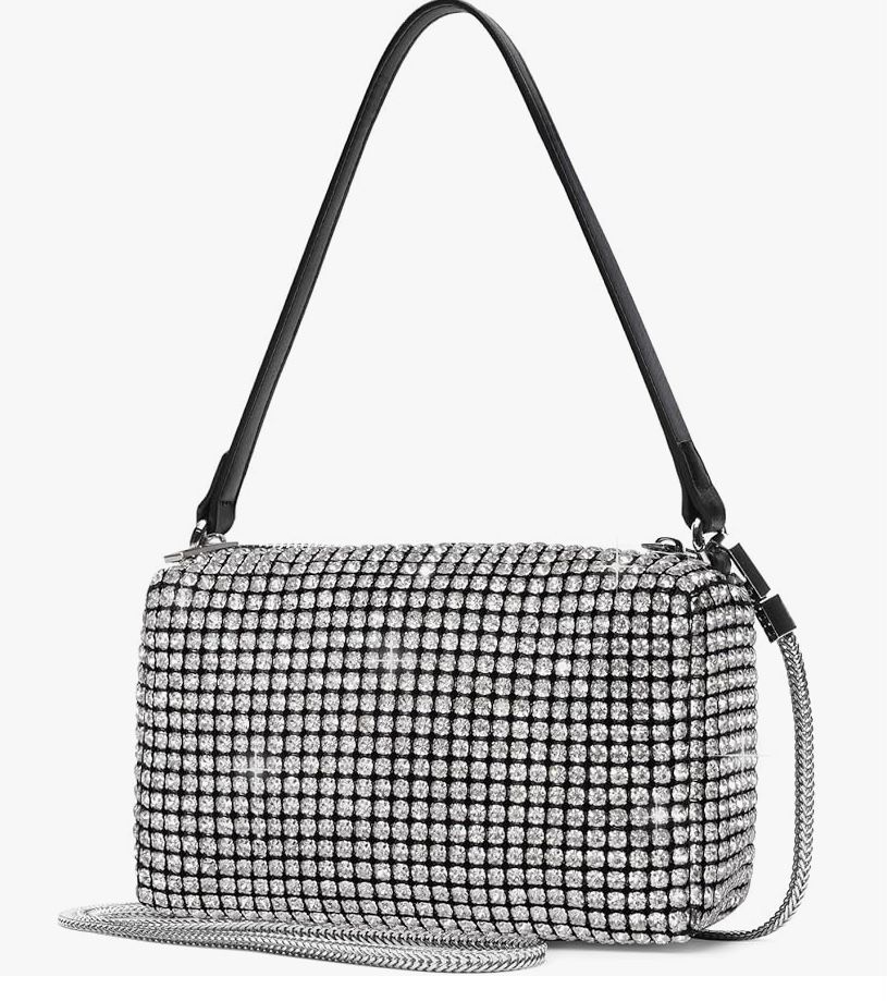 legant Rhinestone Evening Bag for Women - Sparkling Silver Crossbody Purse with Detachable Chain Strap