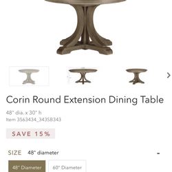 Corin Round Extension 48” Diameter Custom Dining Table from Ethan Allen (Table only, no chairs)