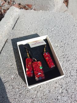 Murano Glass Red Earrings And Rectangular Pendant/Necklace Set, Made In Italy 