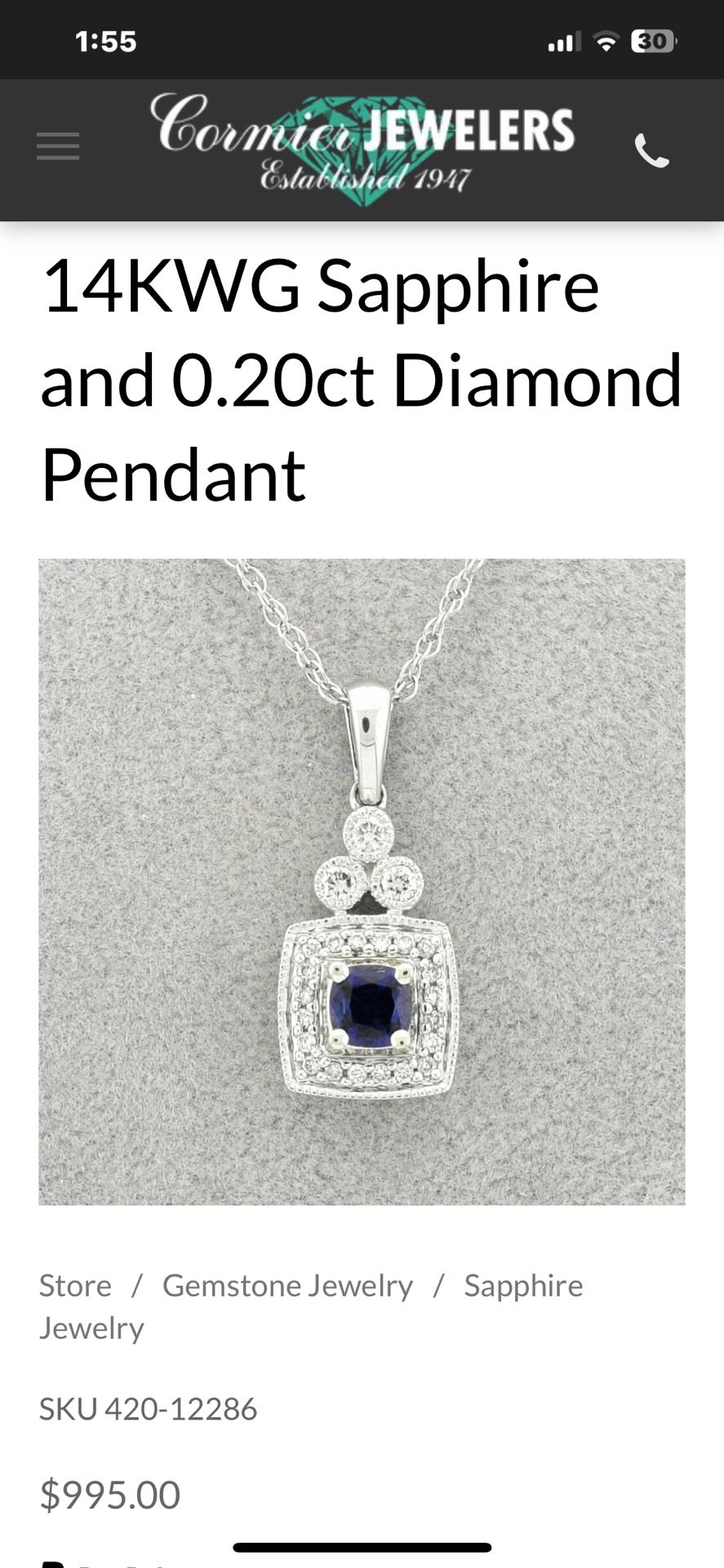 Cushion Cut Sapphire andCtw Round Cut Diamond Pendant in 14K White Gold with Chainh