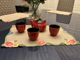 Red Chinese Ceramic Tea Set with Cups