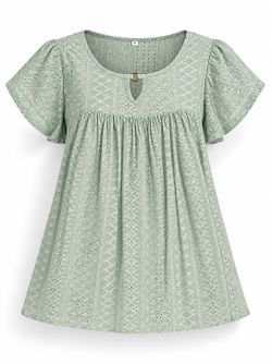 Women’s Sage Green Eyelet Babydoll Top Medium Flutter Sleeve Ring Keyhole