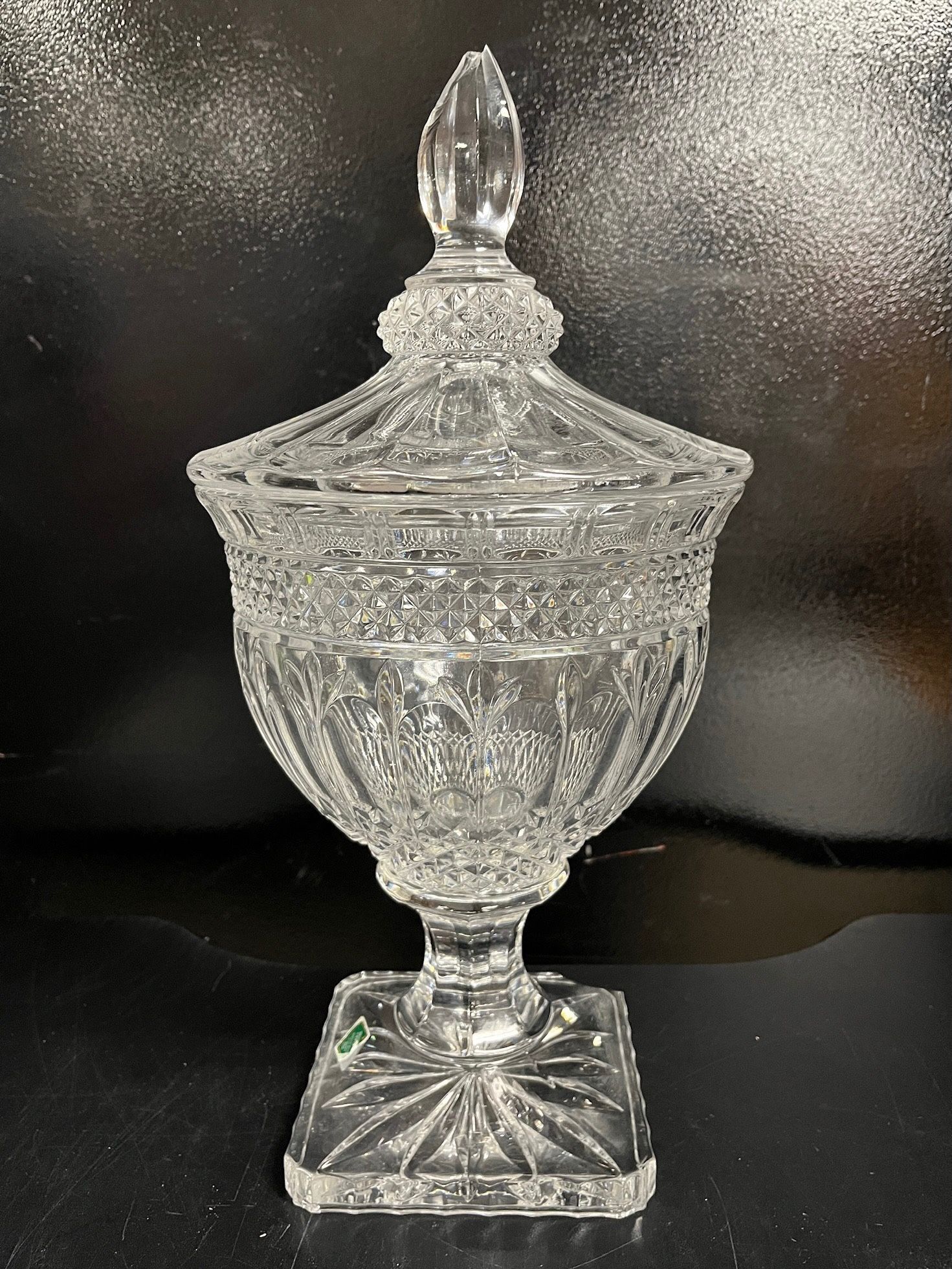Shannon Crystal Pedestal Footed Candy Dish with lid, has a few chips see all pics