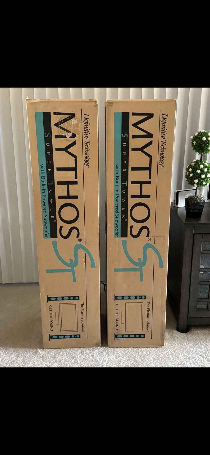 NEW $500 (2) Definitive Technology Mythos ST (Super Tower) Speakers With Built in Powered Subwoofer