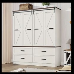 Farmhouse 4 Doors Armoire Wardrobe Closet L ED Lighting