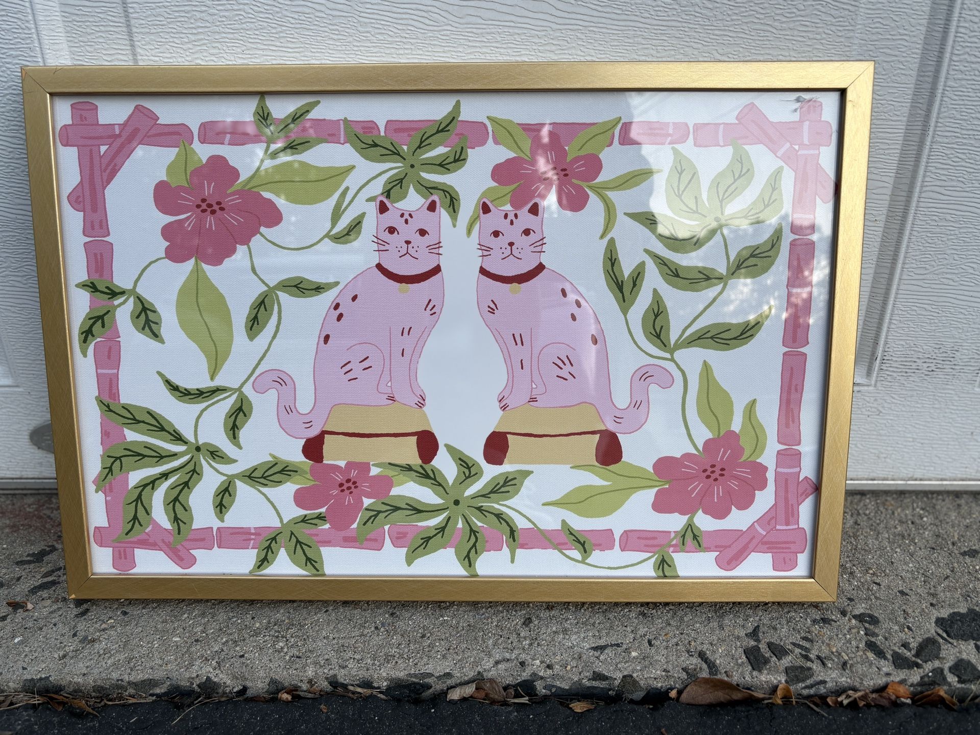 Cookie & Cricket by Willa Heart Whimsical Illustration Two Pink Cats Giclee Art Print on Matte Paper Framed 18”x12” Artwork Picture Painting