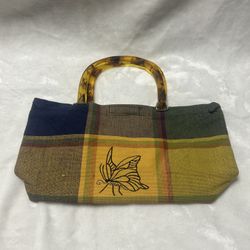 Yellow blue green plaid butterfly handle tote handle purse bag 