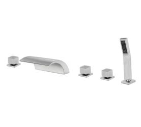 WELLFOR 3-Handle Deck-Mount Waterfall Roman Tub Faucet with Hand Shower in Brushed Nickel@E1-370