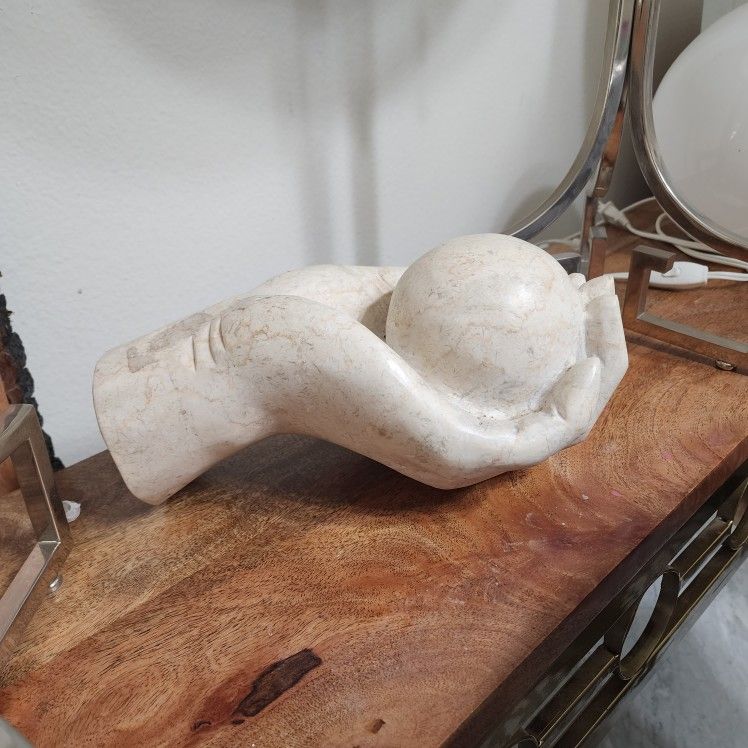 Carved Marble Hand Holding Sphere - 18" Decorative Sculpture