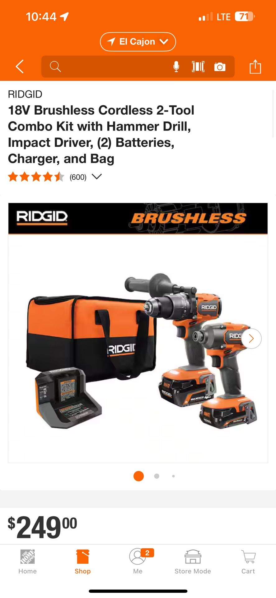 RIDGID 18V Brushless Cordless 2-Tool Combo Kit with Hammer Drill, Impact Driver, (2) Batteries, Charger, and Bag