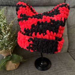 New! Handmade Chunky Knit Cat Ear Beanie Red & Black Warm Winter Hat
