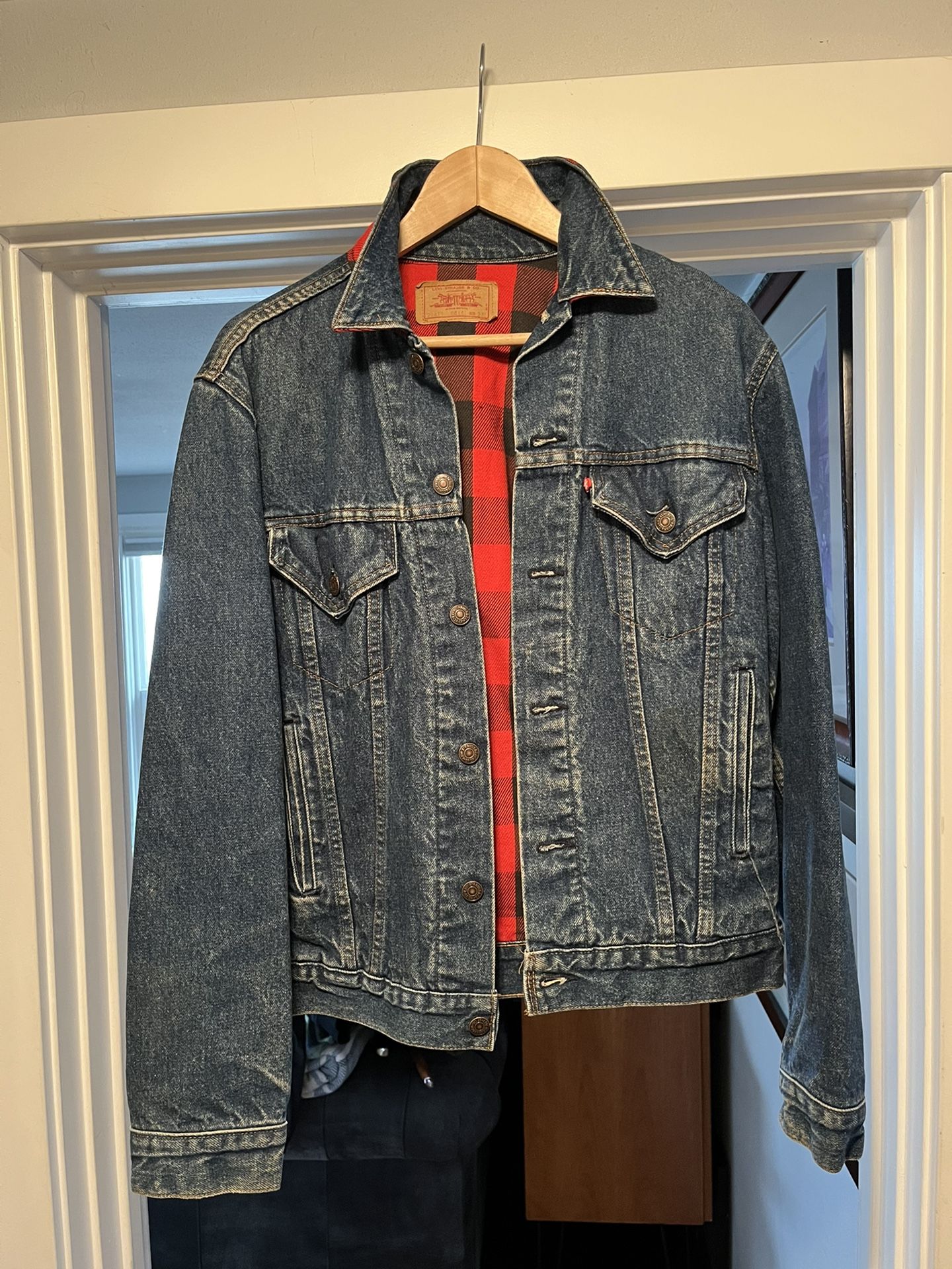 Levi’s Vintage Buffalo plaid blanket flannel lined denim Jean jacket size 38L