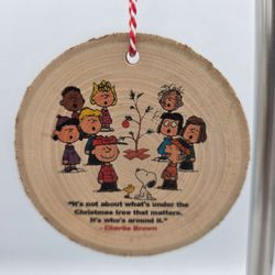 Charlie Brown Snoopy Peanuts Christmas Ornament Round Wood Rustic 3 3/8"