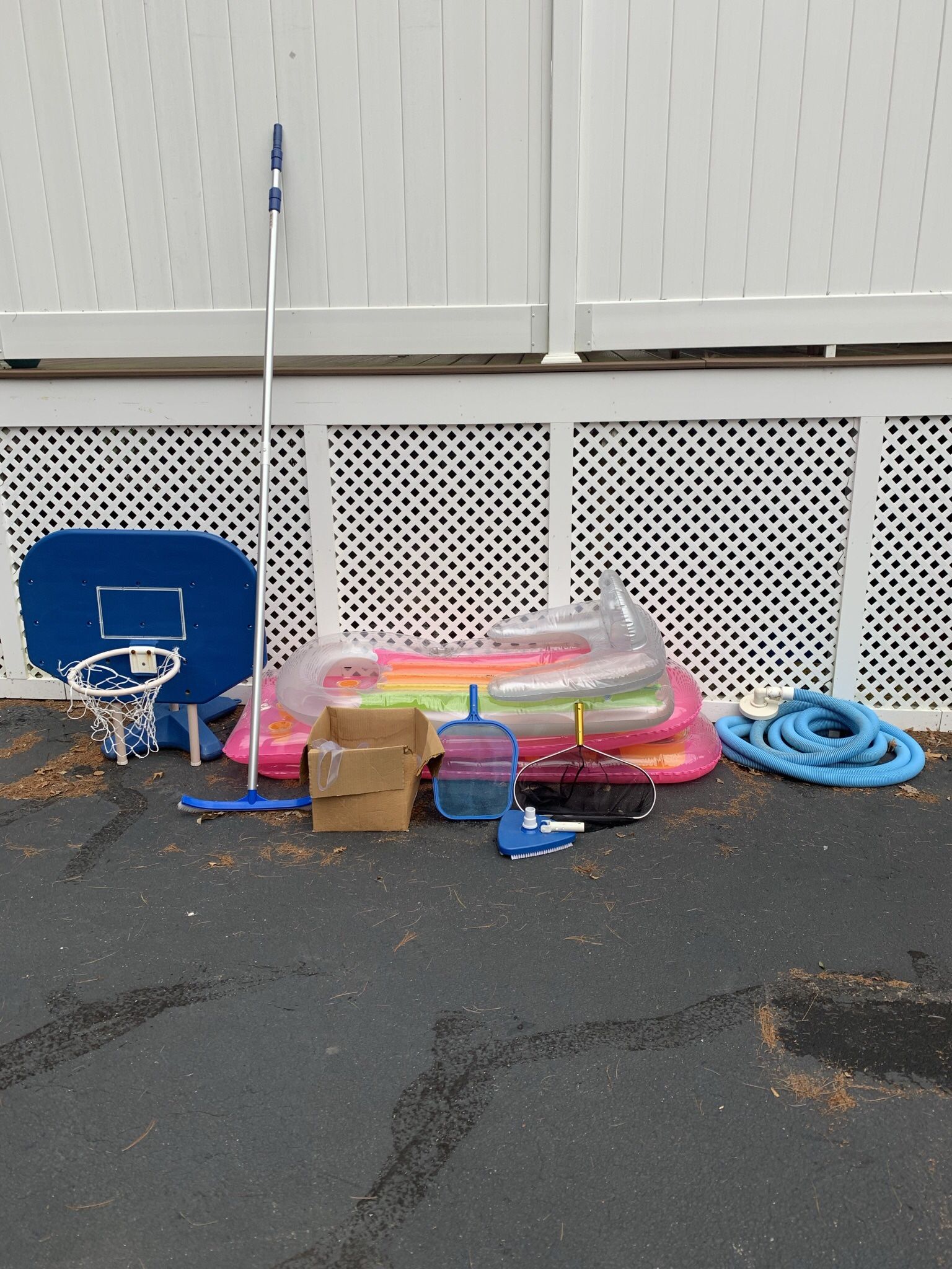 Pool Accessories. Floats, Basketball Hoop For Pool Deck, Handle For Vacuum and Scrubbing, Fountain, Vacuum Hose Etc.. First $50. Takes It