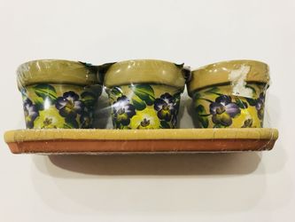 New 3 hand painted flower terra cotta pots with draining tray