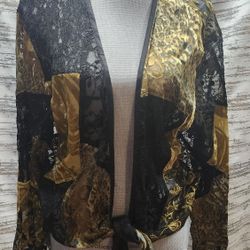 NEW Chico's Black Gold Quilted Embroidered Lace Velvet Cropped Cardigan