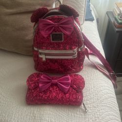 2022 Disney Parks Loungefly Hot Pink Sequin Minnie Backpack With Matching Wallet 