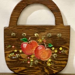 Wooden Wall Key Hooks Holder With Painted Apples /Flowers Signed Dot - Local Pickup or Ship -8”x6.5”