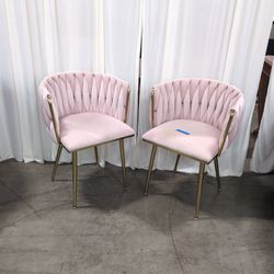 Pair of Blush Velvet Channel Tufted Accent Chair with Gold Legs