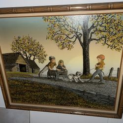 Dog Won't Pull  Wagon H Hargrove  Painting Serigraph on Canvas FRAMED 