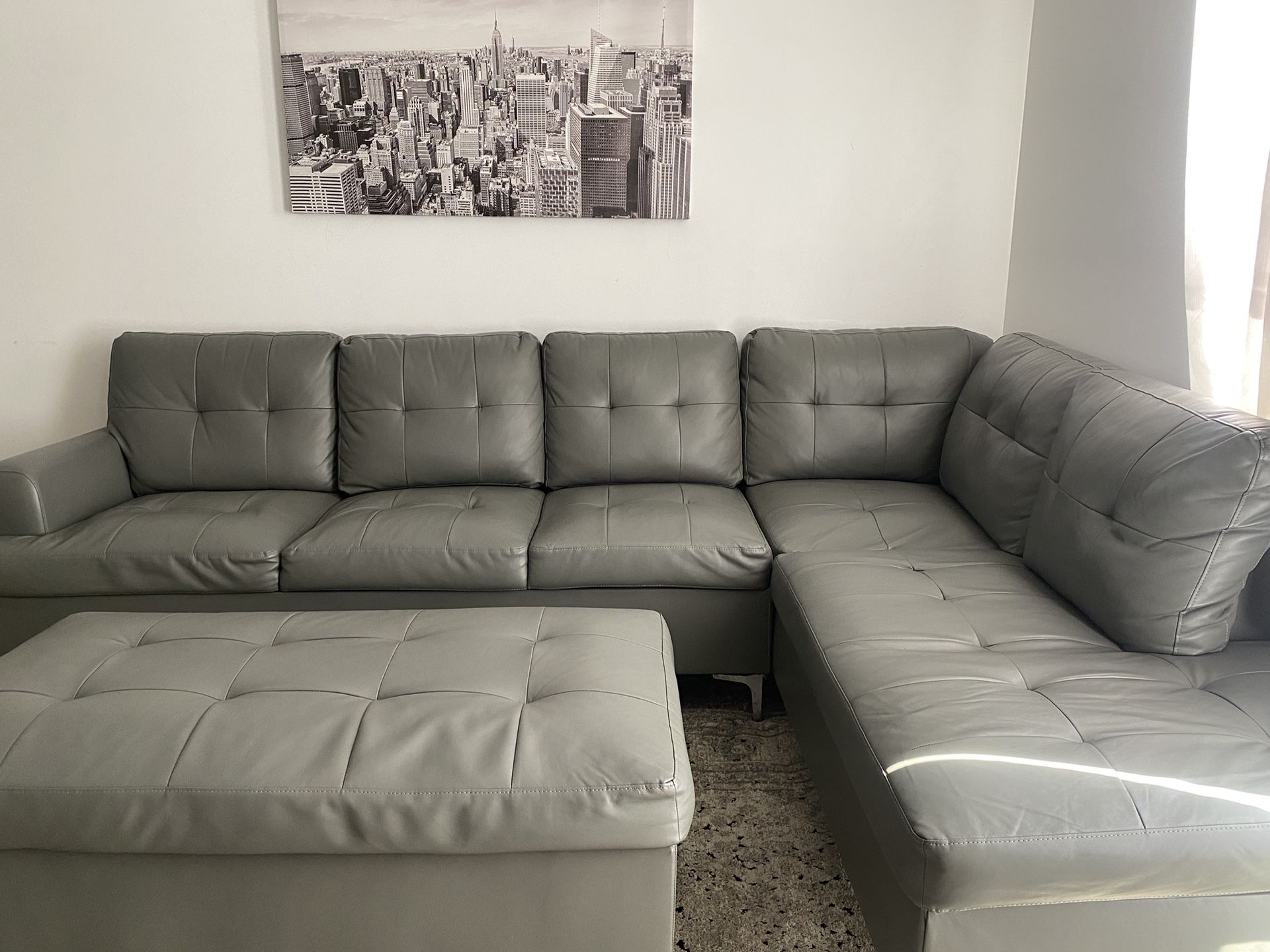 Gray Leather Sectional Couch 