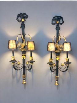 Pair of Antique Italian Giltwood Neoclassical / Federal Eagle style Carved Two Light Wall Sconces