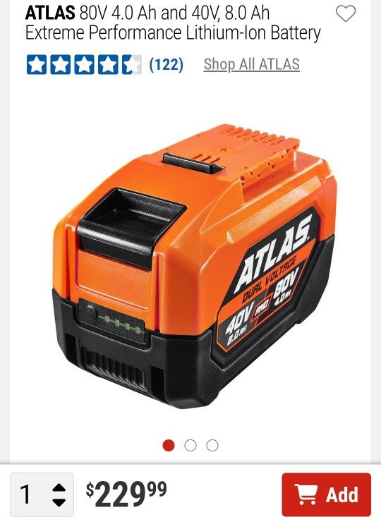 ATLAS 80V 4.0 Ah and 40V, 8.0 Ah Extreme Performance Lithium-Ion Battery