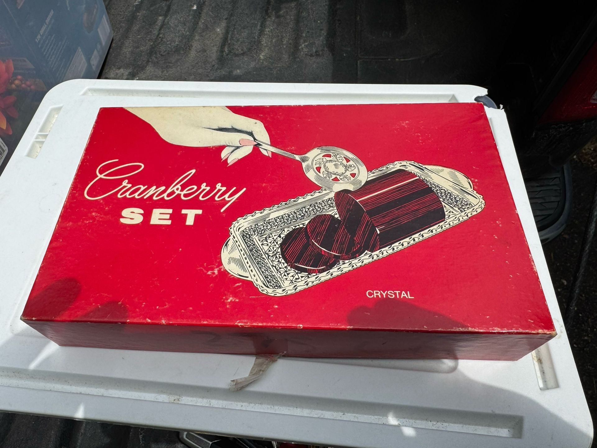 Cranberry Serving Set Crystal Glass Dish & Silver Plate Spoon  Vintage In Box