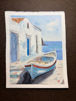 Boat - Santorini 8x10” original watercolor painting