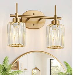 Modern Crystal Bathroom Vanity Light, 2-Light Brushed Gold Light Fixtures with Clear Shades.