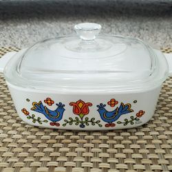 Vintage 70s Corning Ware Country Festival Casserole Dish with Lid – Blue Bird Pattern, USA 1 qt