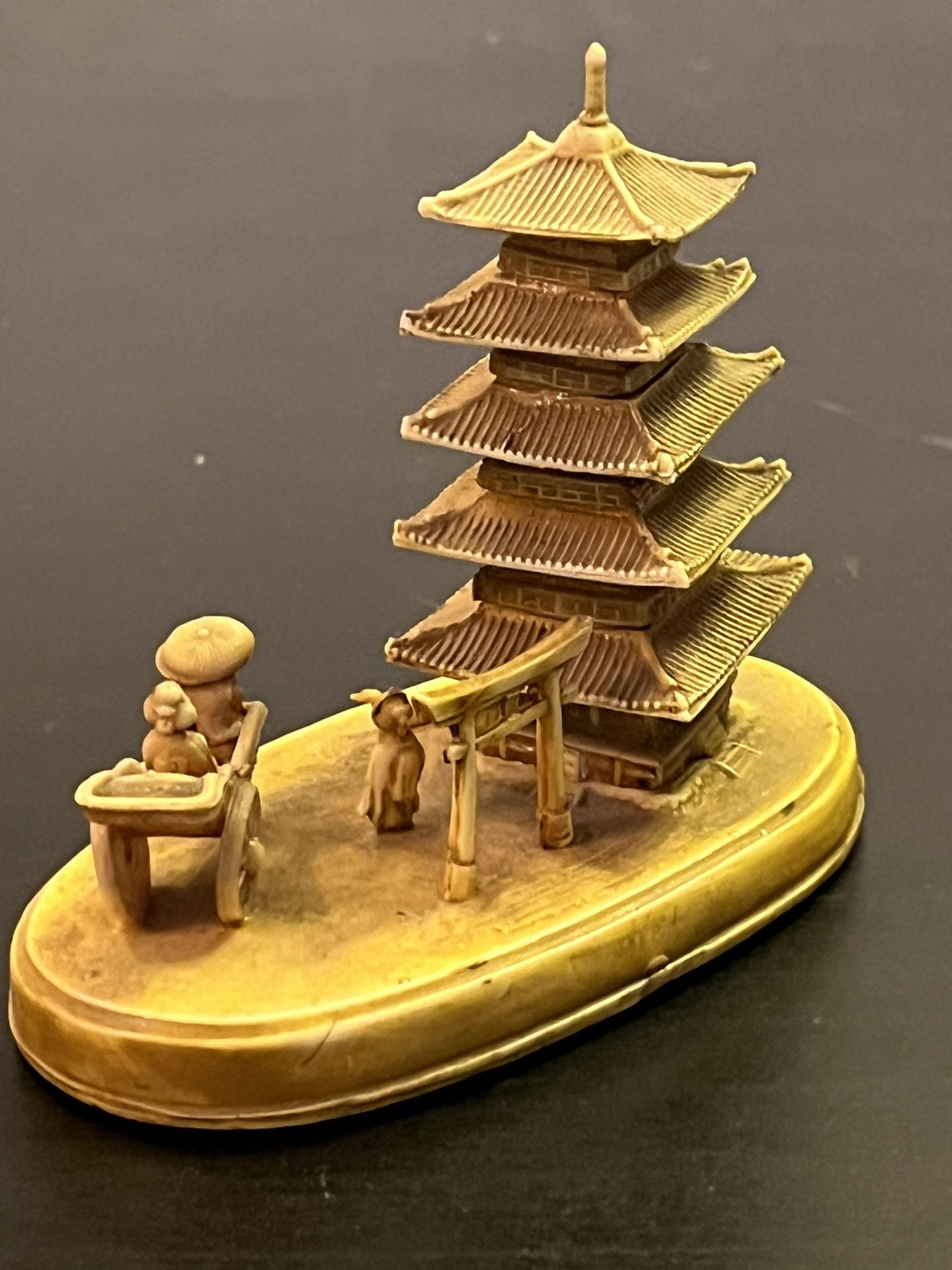 Vintage Asian Miniature Building,  Duck, Man Pulling Geisha in Rickshaw Cart Figurine