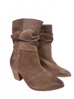 Cleo + Wolf Women 7.5M Brown Suede Slouch Ankle Boots Stacked Block Heel Pointed