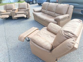 Beige Leather Reclining Couch Set