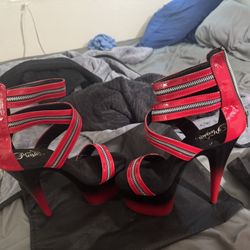 ADORE‑766 Red/Black Zipper Strap Heels – Size 9. I Think – 7″ Platform
