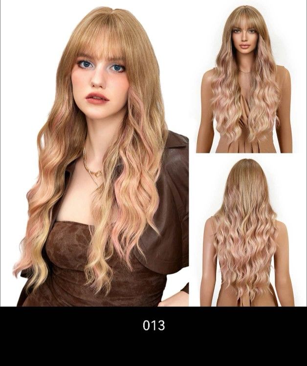 Golden yellow with pink long wig