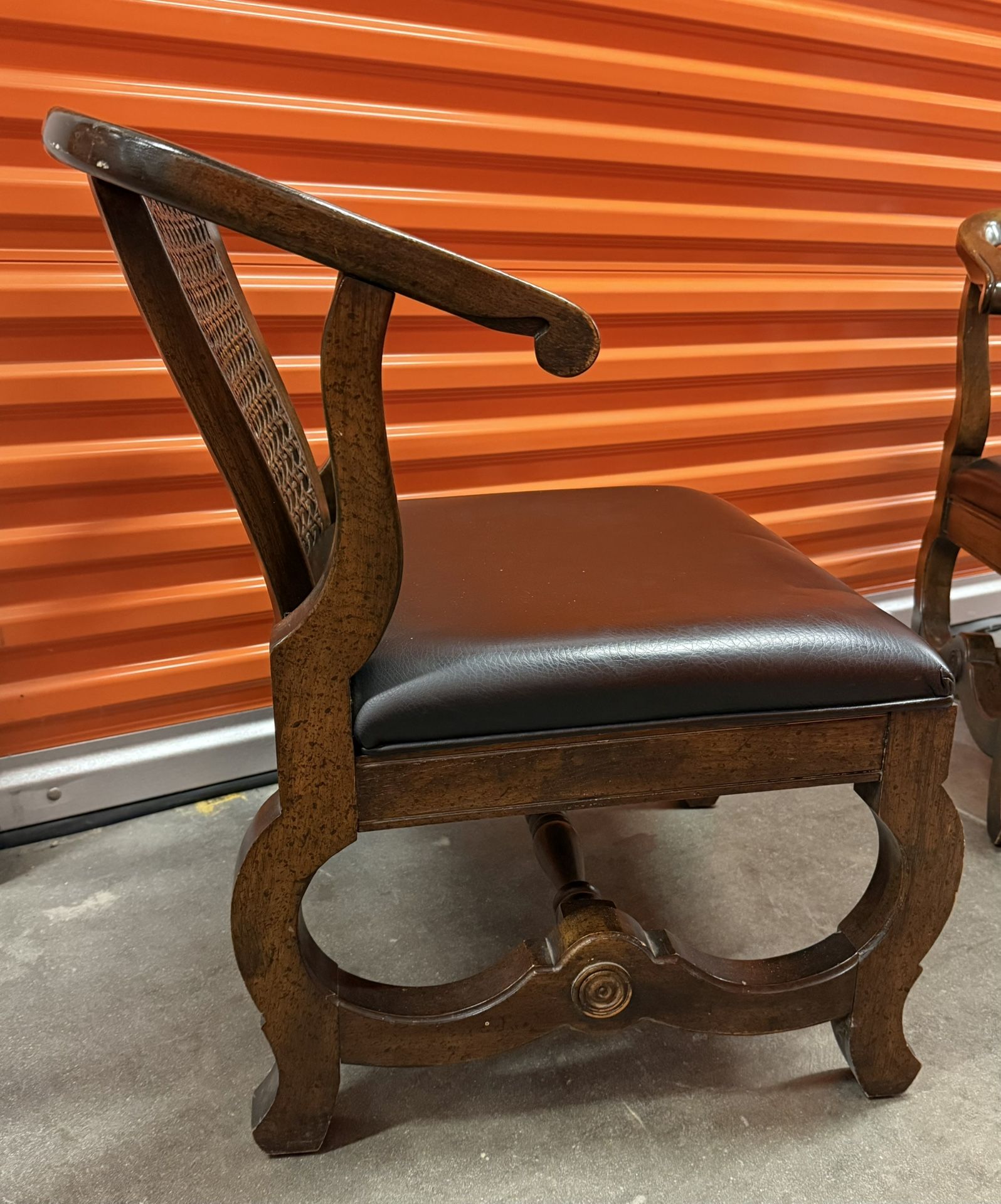 Unique Mid century Chairs Set Of 4. Hollywood Regency Spanish Chinoiserie Vibe. Wood Cane Back Leather Seat