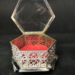 Jewelry/Trinket Filigree Metal And Glass Top From Japan 