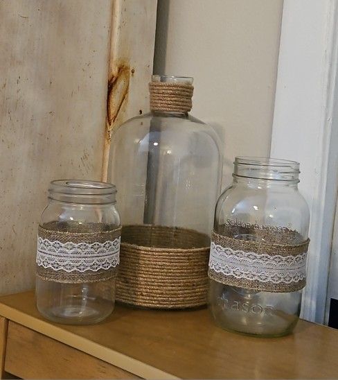 Rustic Country Chic Burlap & Lace Glass Bottle & 2 Mason Jar Decor Set