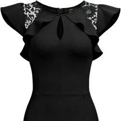 Knitee Women's Vintage Ruffle Trim Lace Sleeveless Bodycon Cocktail Dress
