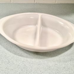 1960s Glasbake J-239 White Milk Glass Oval Divided  Serving / Cooking Dish