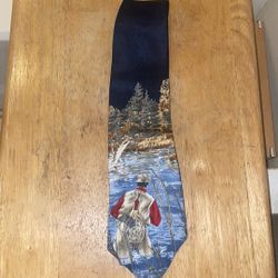 PURITAN Fishing Neck Tie Fly Fishing on Blue  Background Vintage made in USA 
