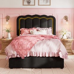Twin Size LED Velvet Upholstered Platform Storage Bed Frame With Drawer And Adjustable Headboard