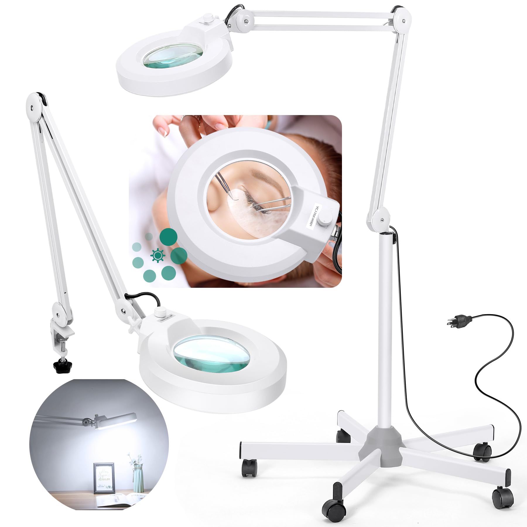 10X Magnifying Glass with Light and Stand, Floor Lamp with 5 Wheels Rolling Base for Lash Estheticians Facials, 1,500 Lumens Stepless Dimmable, LED Li