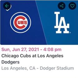 Dodgers vs Cubs Sunday June 27 2021 4:08 pm
2 Tickets
Field 52 Row E
$200 for both